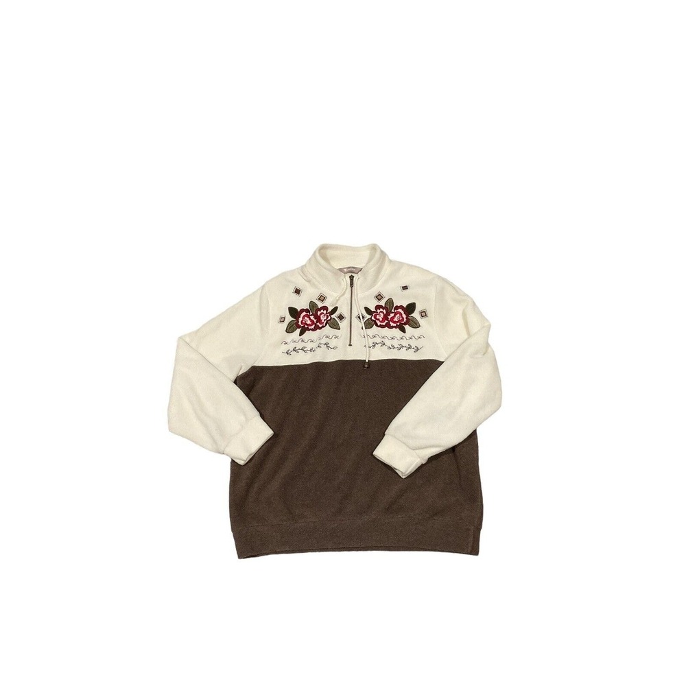 Vintage TanJay 1/4 Zip Floral Flowers Sweatshirt Womens Medium‎ Beige Brown